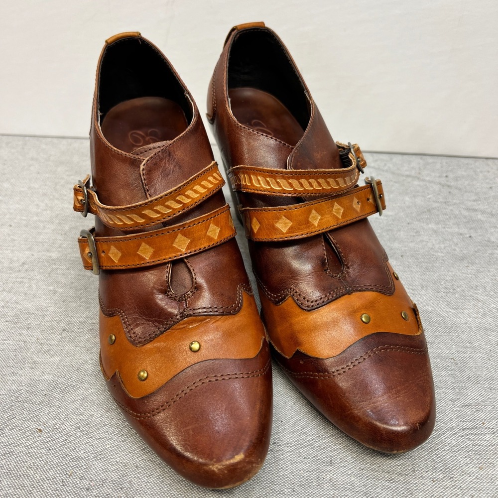 Elite by Corkys Brown Leather Western Double Buckle Studded Block Heels Womens 8